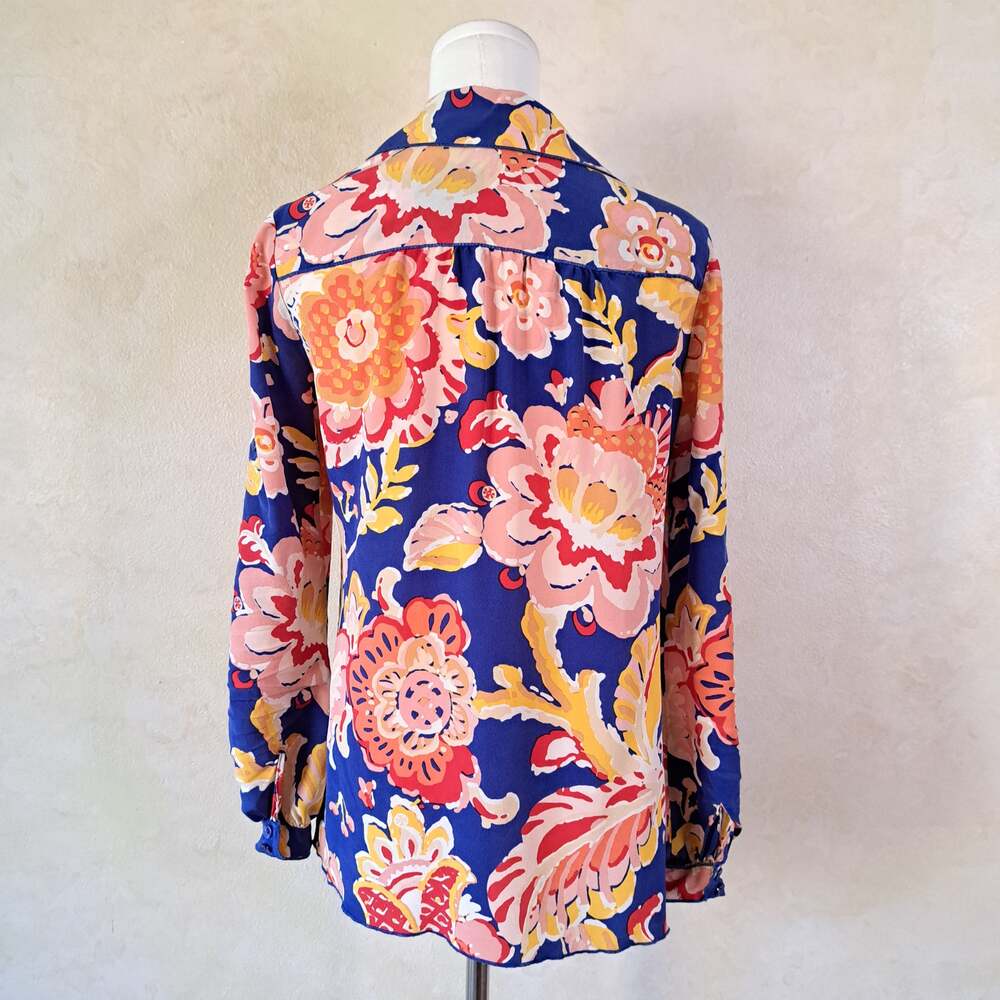 Tory Burch Silk Floral Roll Tab Blouse Top Size 4 Blue Pink Button Front - Picture 3 of 10